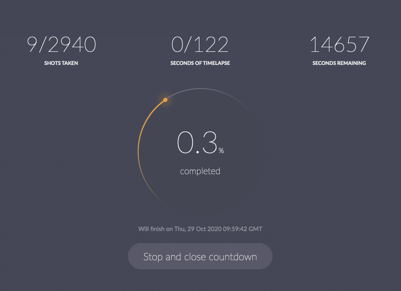 The countdown feature of the time lapse calculator, showing the amount of remaining seconds, how many shots have already been taken, how many seconds of final timelapse video have been generated so far, and the overall percentage of completion.